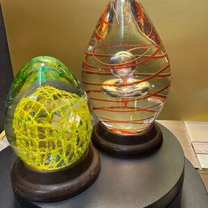 Vintage Set of paperweights with Green and Red and yellow stripes with stands